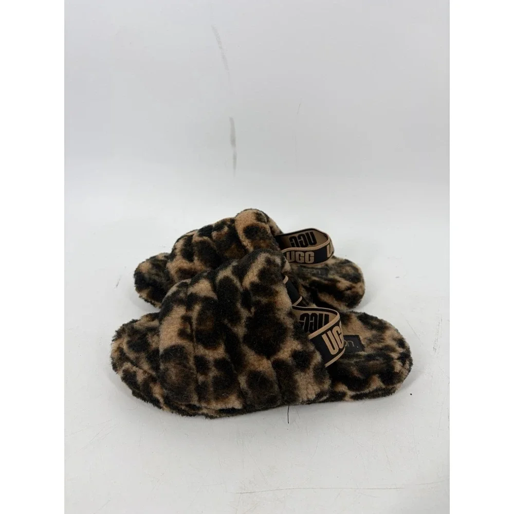 UGG Fluff Yeah Slides Girls Panther Print Slipper Slip On Brown Size 2 Fuzzy